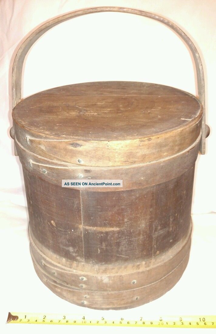 Antique Firkin Banded Sugar Bucket With Lid Wood Handle Primitives photo