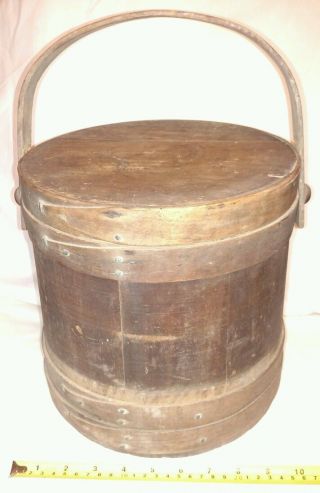 Antique Firkin Banded Sugar Bucket With Lid Wood Handle photo