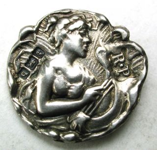 Antique Sterling Silver Button Art Nouveau Woman Plays Lyre - 5/8 