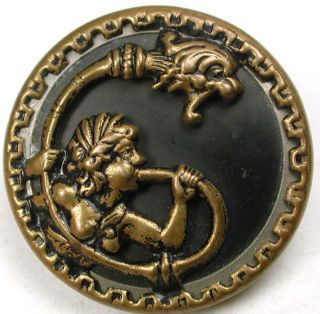 Antique Brass Button Woman Blowing Elaborate Dragon Horn Design - 1 