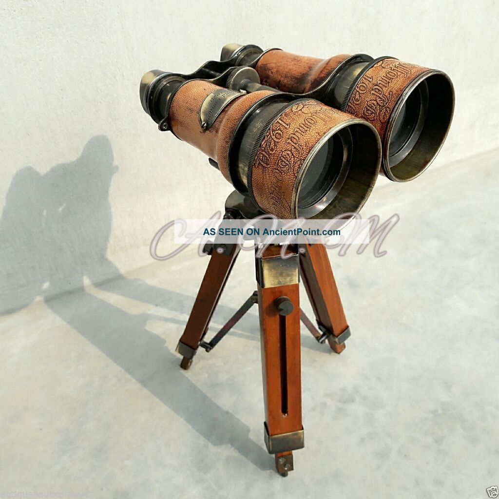 Vintage Binoculars With Wooden Tripod Leather Covered Maritime Nauticals Telescopes photo