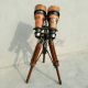 Vintage Binoculars With Wooden Tripod Leather Covered Maritime Nauticals Telescopes photo 2