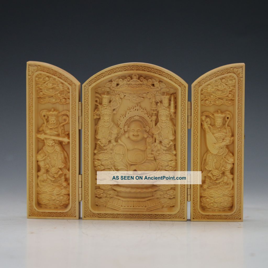 Decorated 100 Boxwood Highly Difficulty Carved Buddha Statue Folding Box Boxes photo