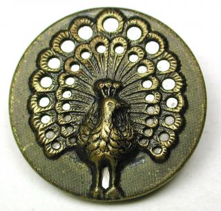 Antique Brass Button Peacock W/ Feathers Spread W/ Cut Out Over Shiny Liner - 1 
