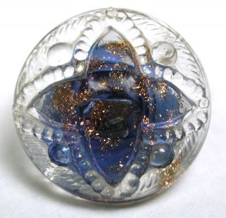 Antique Radiant Glass Button Flower Mold W/ Blue & Copper - Swirl Back - 5/8 