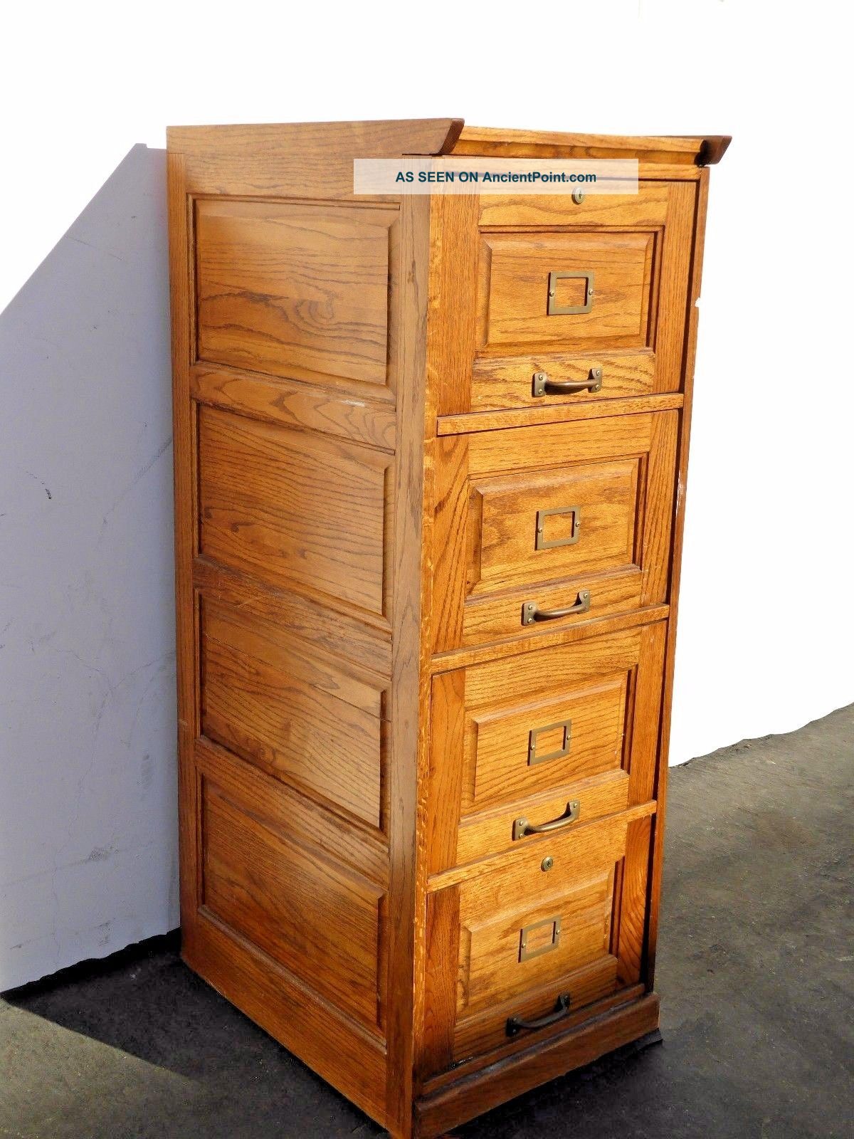 Vintage Industrial Style Solid Oak Wood Four Drawer File Cabinet French Country Post-1950 photo