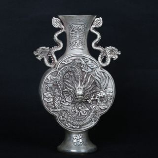 Delicate Chinese Silver Copper Handmade Dragon Vase photo
