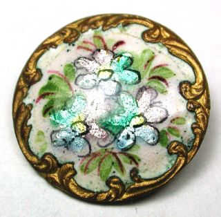 Antique Enamel Button Three Flowers Over Foil W/ Fancy Brass Border 13/16 