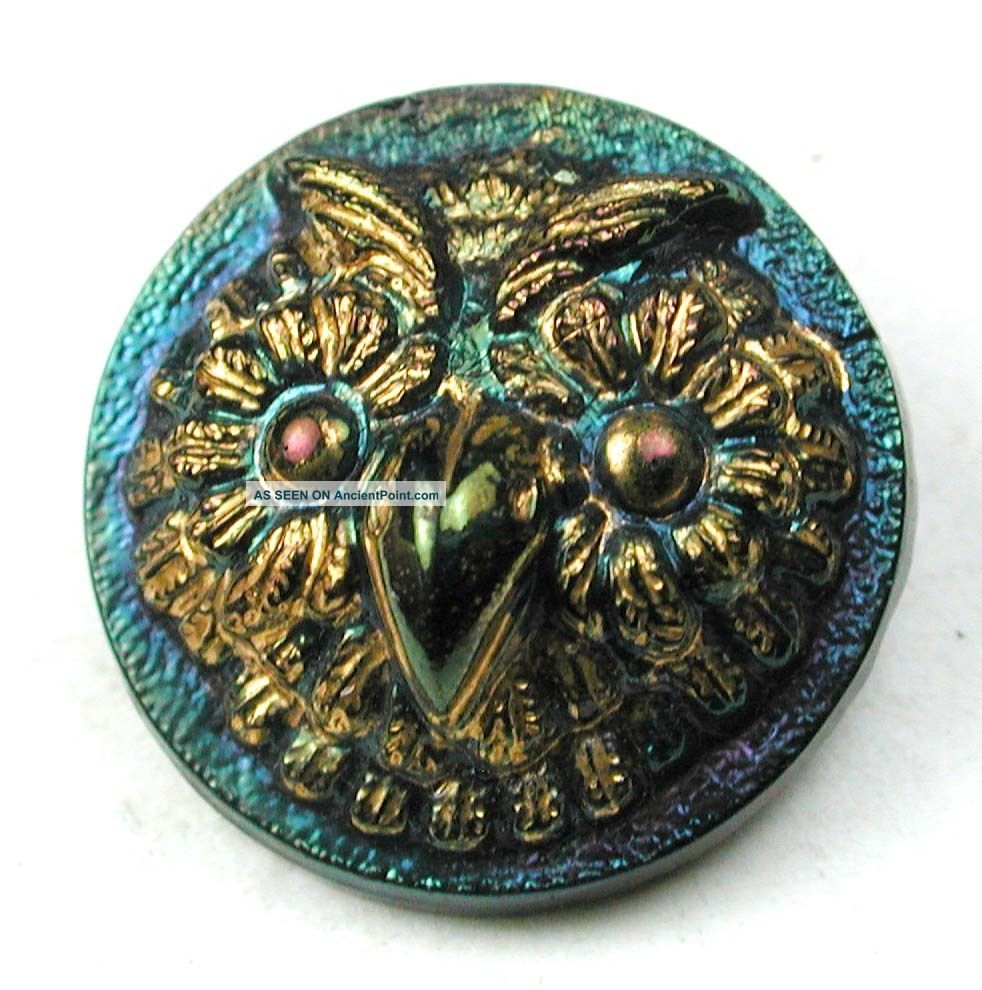 Antique Black Glass Button Detailed Dimensional Owl W/ Carnival Luster - 11/16 