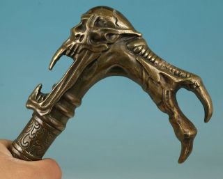 Cool Old Bronze Handmade Carved Evil Person Statue Cane Walking Stick Head photo