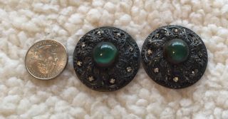 Two Victorian Green Celluloid Cab & Clear Rhinestones In Round Metal Buttons photo