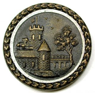 Antique Brass Button Detailed Castle Pictorial Design - 1 & 5/16 