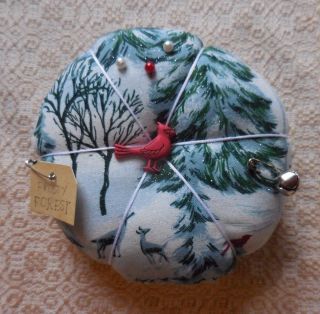 Primitive Winter Pin Cushion Forest Deer Pin Keep Ornament Cardinal Home Decor photo