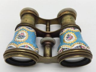 Antique Hand Painted French Enamel Mother Of Pearl Opera Glasses Ca.  19th C photo