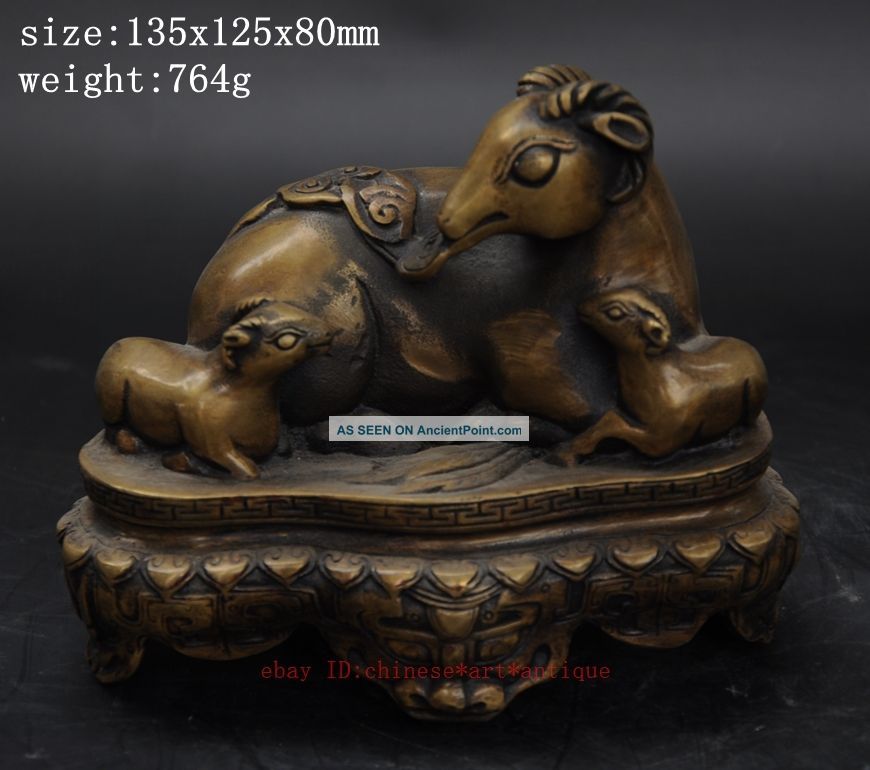 China Antique Folk Refined Brass Copper Carved Fengshui Lucky Three Sheep Statue Other Chinese Antiques photo