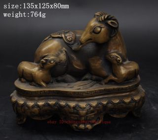 China Antique Folk Refined Brass Copper Carved Fengshui Lucky Three Sheep Statue photo