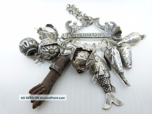 Rare And Unique Old Brazil Silver Penca De Balangandan Charm Brooch Latin American photo