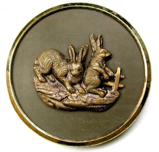 Lg Sz Antique Brass Button Detailed 2 Rabbits By A Fence - 1 & 1/2 