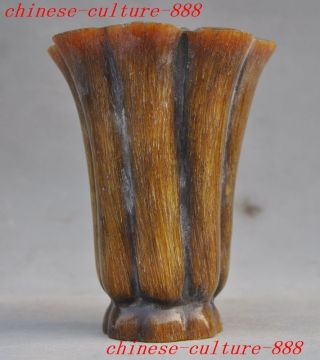 Marked China Old Ox Horns Hand Carved Lucky Flower Statue Wine Vessel Goblet Cup photo