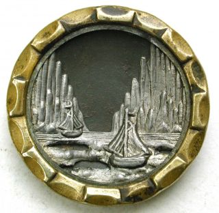 Antique Brass Button Sailing Ships In Icy Fjord Scene - 1 & 1/16 