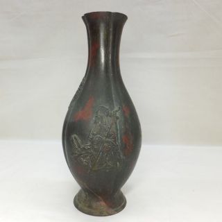 D871: Japanese Old Copper Ware Flower Vase With Good Tone And Fine Relief Work photo