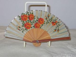 Antique Vintage Occupied Japan Bamboo - Silk - Hand Painted - Miniature Fan - Doll photo