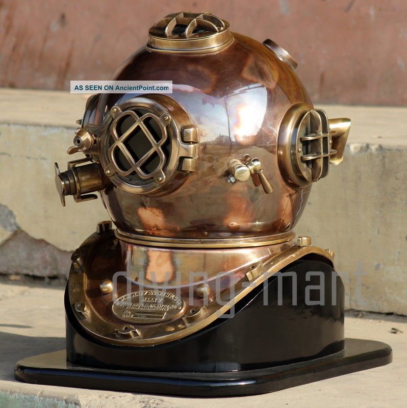 Boston Mass U.  S Navy Mark V Solid Copper & Bras Diving Helmet Ful Size With Base Diving Helmets photo