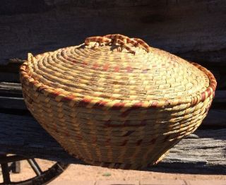 Cherokee Indian Primitive Sweet Grass Coil Basket With Lid photo