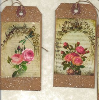 12 Primitive Tags Shabby Chic Roses Hang Tags Folk Grungyset 2 photo