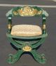 Vtg Hollywood Regency Savonarola Arm Chair Green Gold Silk Down Beaded Cushion Post-1950 photo 1