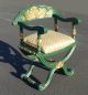 Vtg Hollywood Regency Savonarola Arm Chair Green Gold Silk Down Beaded Cushion Post-1950 photo 2