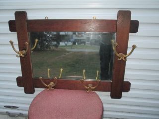 Antique Mission Style Oak Wall Mirror W/ 4 Double Brass Hooks Coat / Hat Rack photo