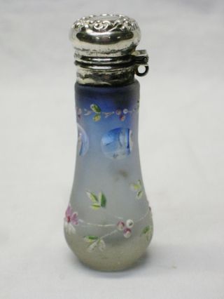 Antique Cut Glass Sterling Cap Purse Snuff Perfume Bottle Enamel Flowers Stopper photo