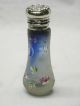 Antique Cut Glass Sterling Cap Purse Snuff Perfume Bottle Enamel Flowers Stopper Bottles & Jars photo 1