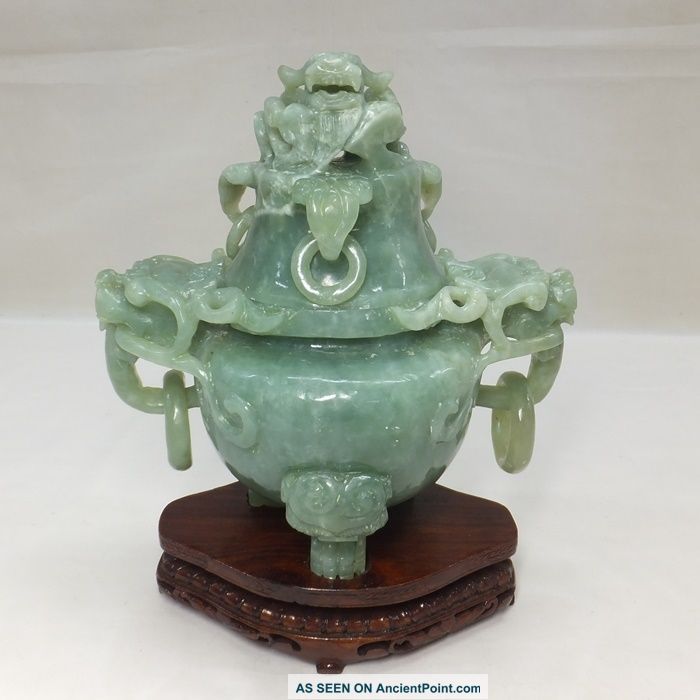 E397: Popular Chinese Green Stone Gyoku Ware Incense Burner With Wooden Stand Incense Burners photo
