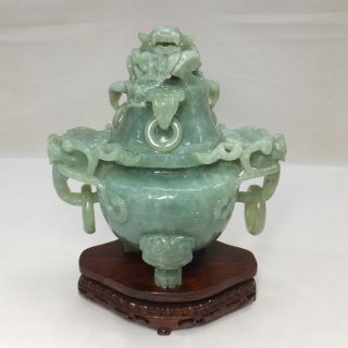 E397: Popular Chinese Green Stone Gyoku Ware Incense Burner With Wooden Stand photo