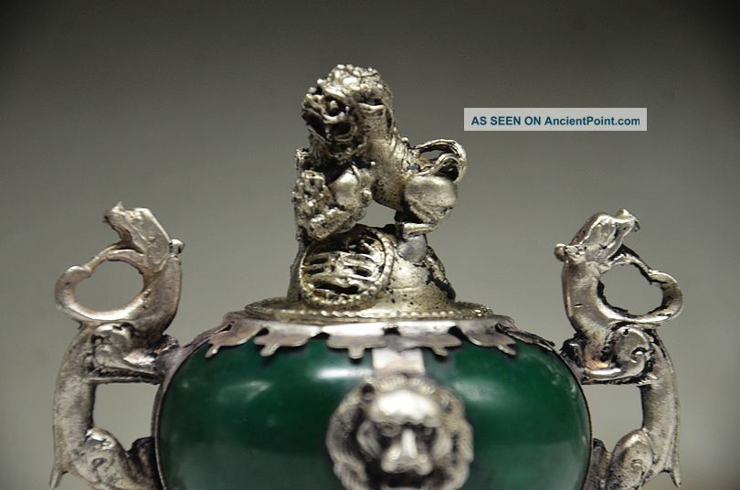 EXQUISITE CHINESE SILVER DRAGON INLAID JADE HANDMADE CARVED LION INCENSE BURNER 