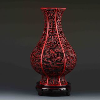 Oriental Vintage Delicate Lacquer Hand - Carved Dragon Vase G437 photo