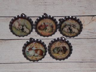 5 Primitive Folk Art Easter Bunny Rabbit Bronze Bottle Cap Charms Tree Ornaments photo