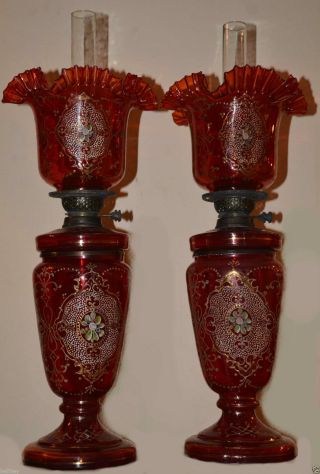 Magnificent Victorian /bohemian Cranberry Glass Oil Lamp,  Org Shade photo