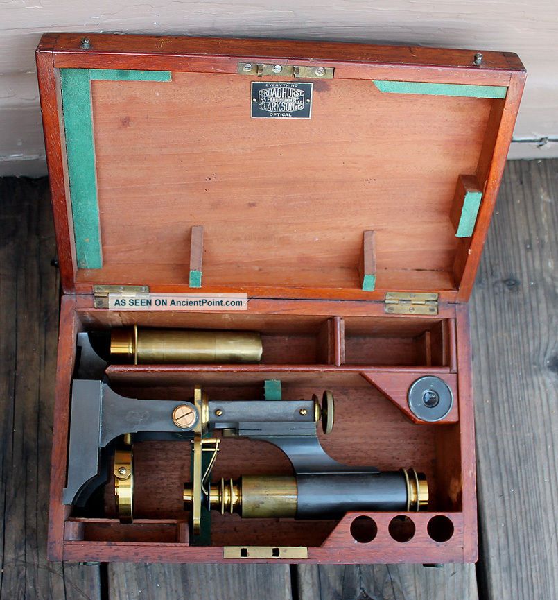 Antique Vintage James Parkes & Son Brass Field Microscope & Wooden Box Microscopes & Lab Equipment photo