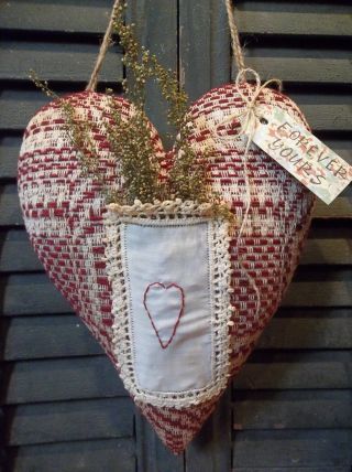 Sweet Primitive Handmade Vintage Coverlet Heart Door Greeter/peg Hanger photo