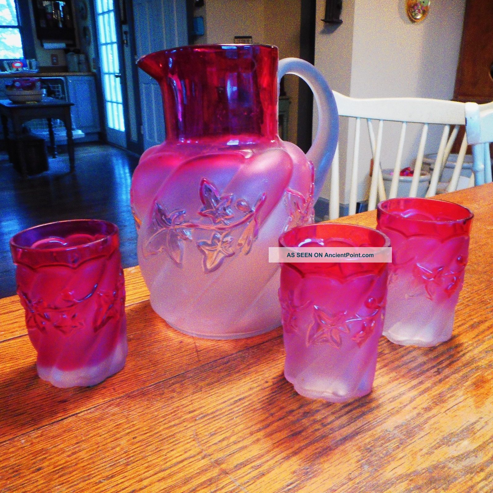 Vintage Northwoods Royal Ivy Pitcher & 3 Tumblers Cranberry To Opaque 1890 ' S Pitchers photo