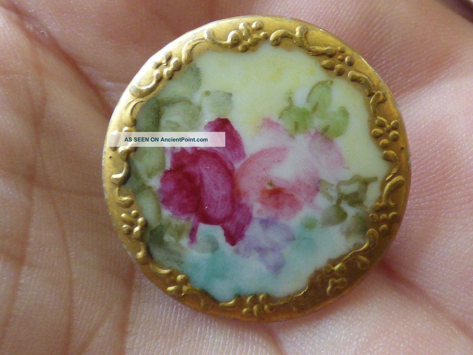 Antique Oval White Porcelain Stud Painted Roses Buttons photo
