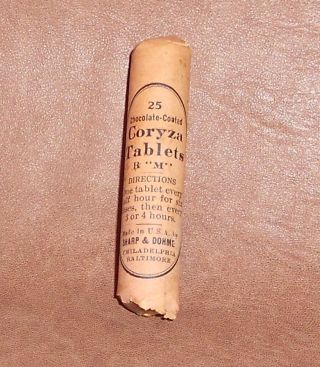 C1910 Antique Medicine Bottle Chocolate Covered Coryza Tablets Sharp & Dohme photo
