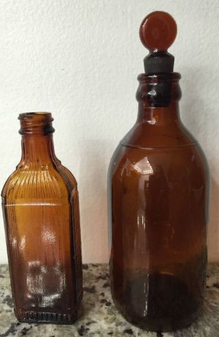 Vintage Pair Amber Brown Apothecary Pharmacy Jars Bottles photo