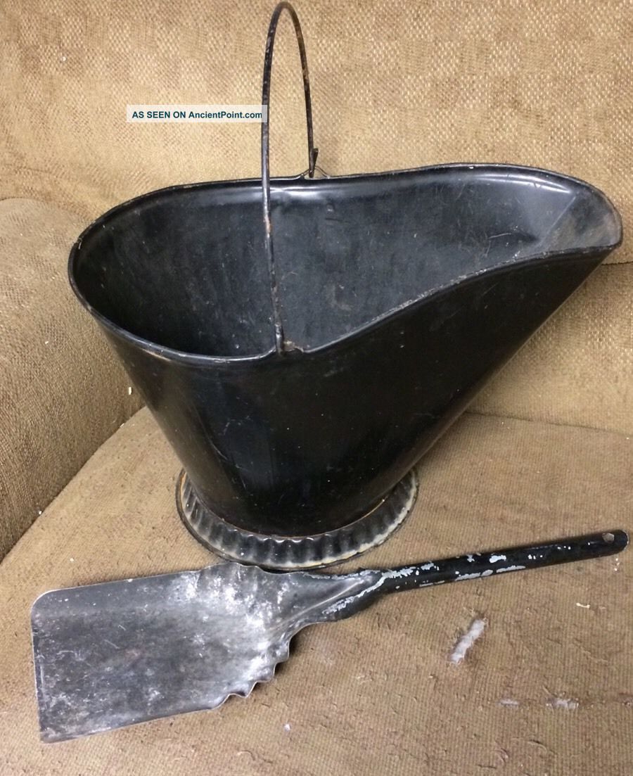 Vintage Black Metal Coal Bucket Ash Bucket With Handle And Shovel Hearth Ware photo