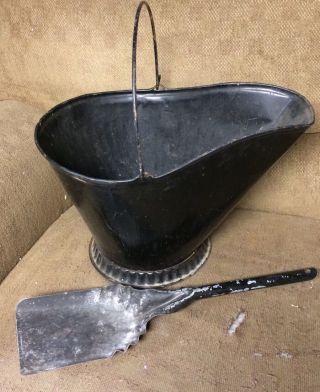 Vintage Black Metal Coal Bucket Ash Bucket With Handle And Shovel photo