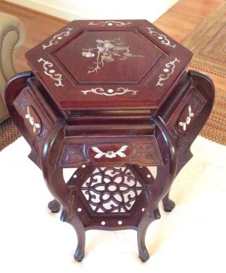 Ornate Carved Rosewood Mother Of Pearl Inlay Oriental 2 Tier Flower Stand photo