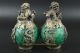 Rare Miao Silver Carve Kylin Dragon Phoenix Inlay Green Jade Lucky Pair Statue R Other Chinese Antiques photo 1